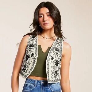Polagram Floral Quilted Embroidered Vest Cream Black Women's Large